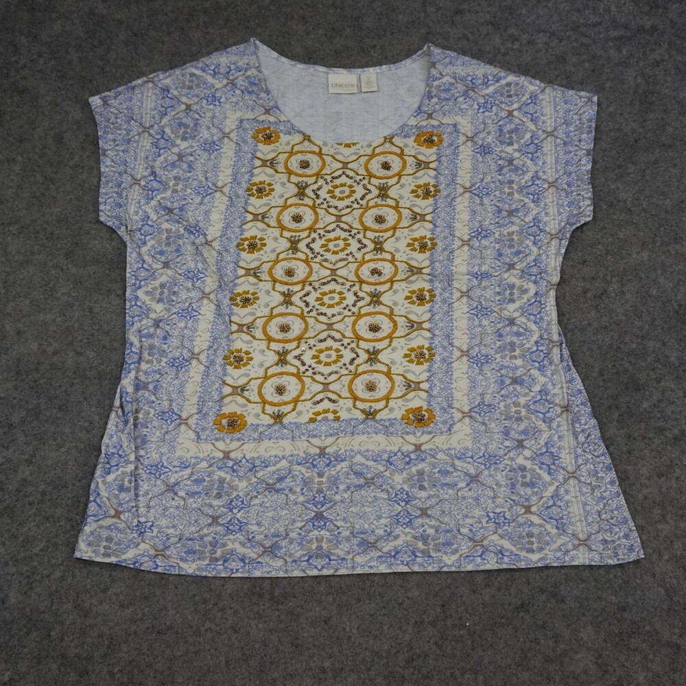 Chicos Top Womens 2 Regular Large L Blue Short Sleeve Shirt Tee Comfort V Neck